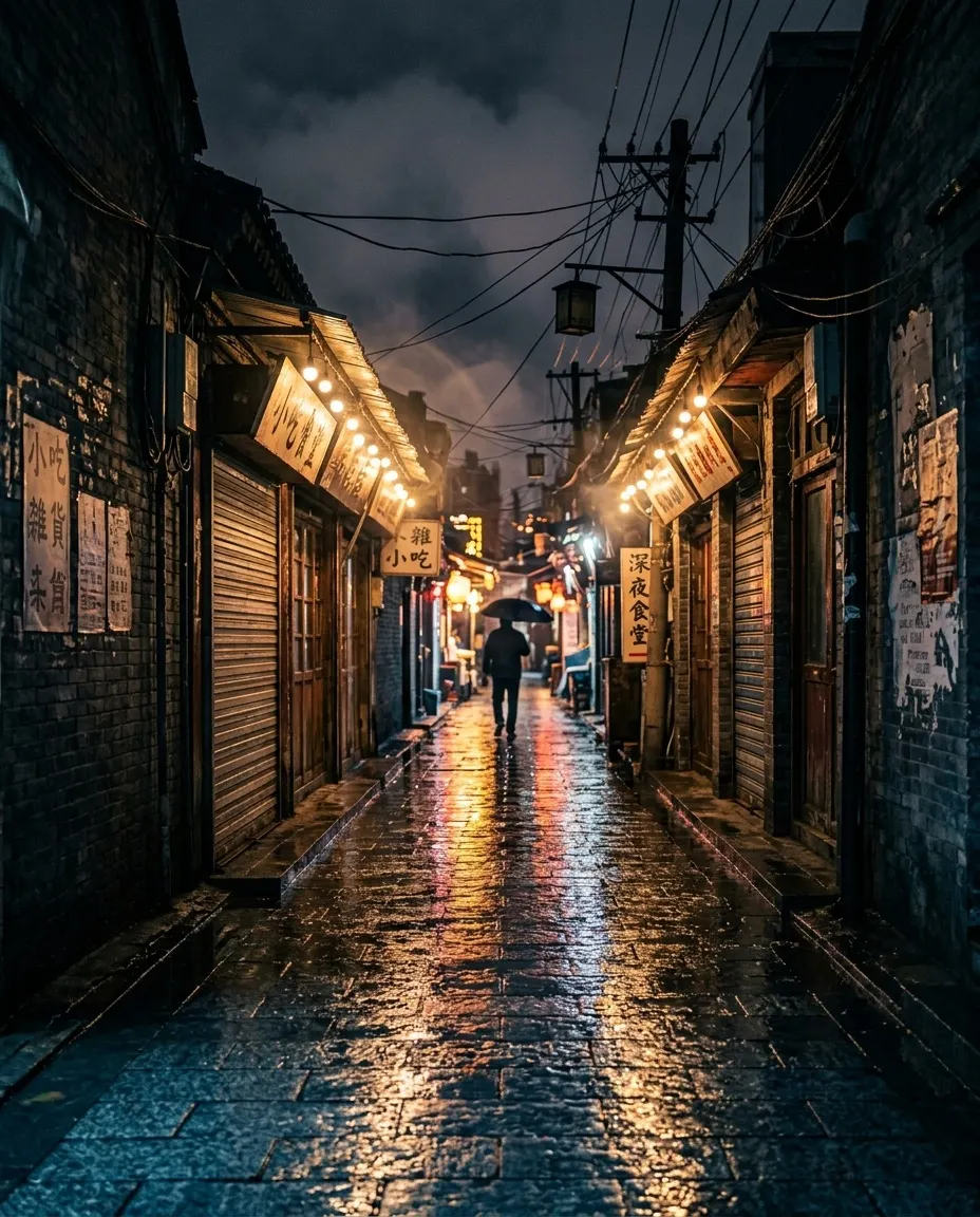 雨后的巷子，灯全落在地上